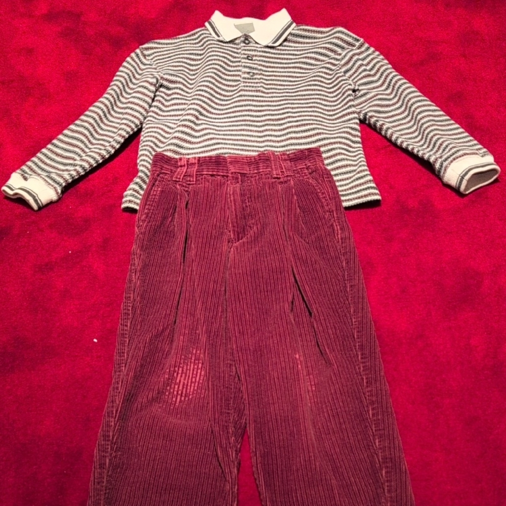 Striped Shirt Sweater And Burgundy  Corduroy Pants. Size 7x